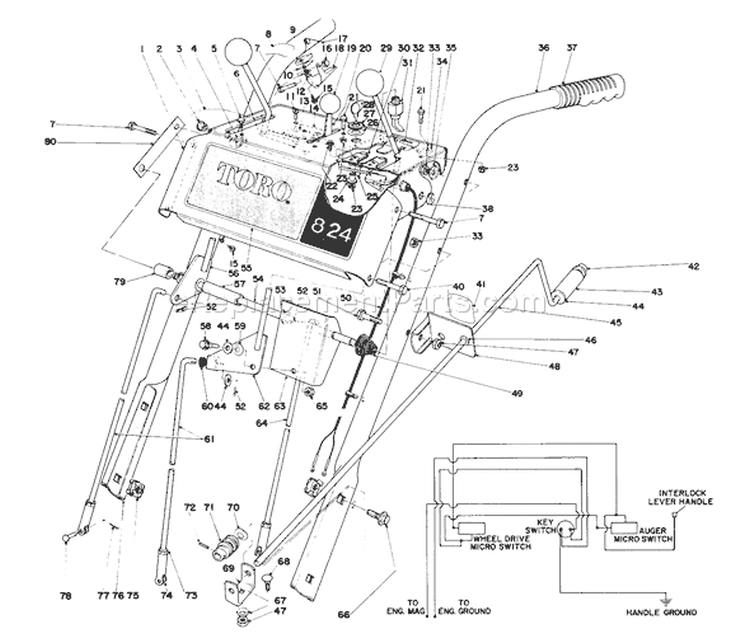 Handle Assembly Diagram and Parts List for 38080 9000001-9999999 - 1979 Toro Snow Blower