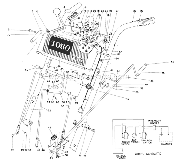Handle Assembly Diagram and Parts List for 38085 0000001-0999999 - 1990 Toro Snow Blower