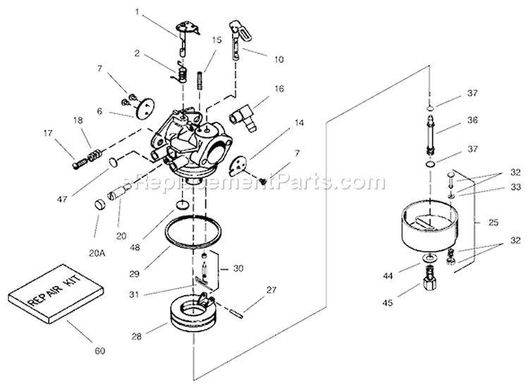Carburetor Diagram and Parts List for 38087 200000001-200999999 - 2000 Toro Snow Blower