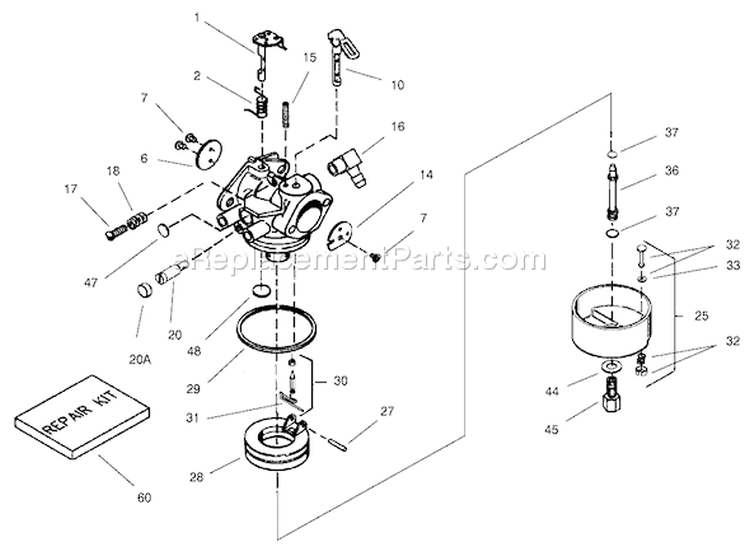 Carburetor Diagram and Parts List for 38087 210000001-210999999 - 2001 Toro Snow Blower