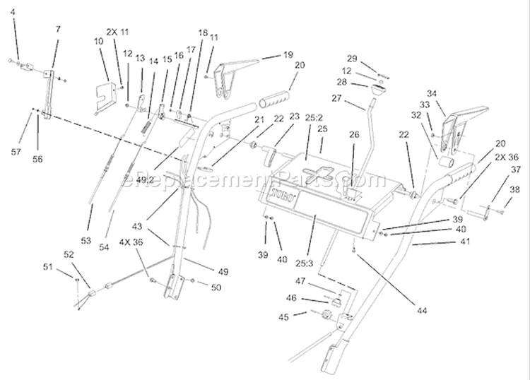 Handle and Control Assembly Diagram and Parts List for 38087 240000001-240999999 - 2004 Toro Snow Blower