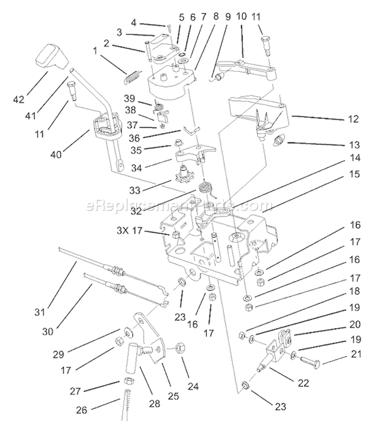 Power Shift Control Assembly Diagram and Parts List for 38087 240000001-240999999 - 2004 Toro Snow Blower
