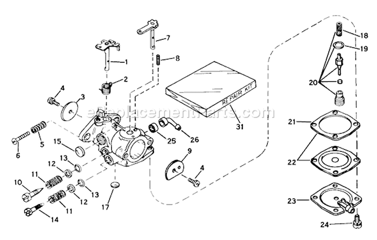 Carburetor Diagram and Parts List for 38100 9000001-9999999 - 1979 Toro Snow Blower