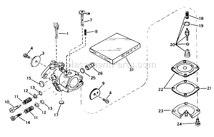Carburetor Diagram and Parts List for 38115C 0000001-0999999 - 1990 Toro Snow Blower