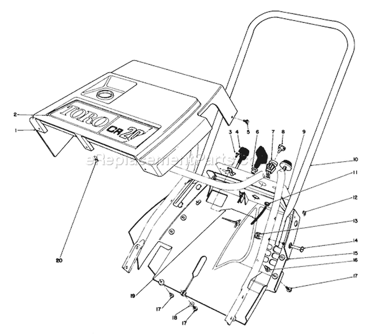 Shroud & Handle Assembly Diagram and Parts List for 38115C 0000001-0999999 - 1990 Toro Snow Blower