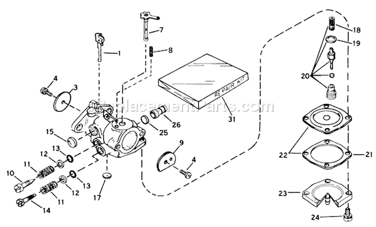 Carburetor Diagram and Parts List for 38115C 7000001-7999999 - 1987 Toro Snow Blower