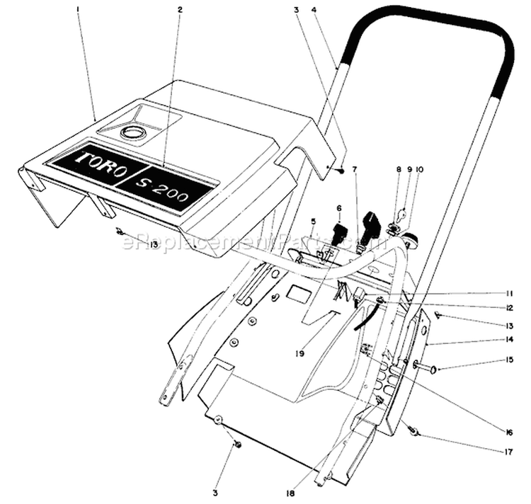 Shroud & Handle Assembly Diagram and Parts List for 38120 0100000-0499999 - 1980 Toro Snow Blower