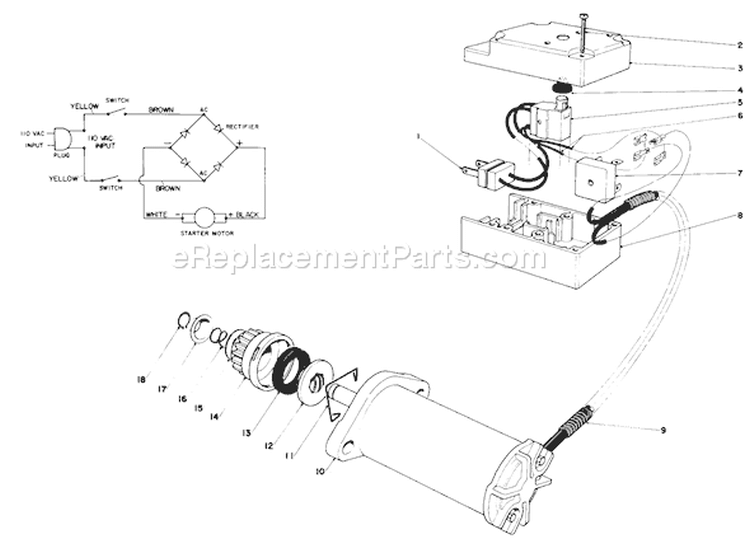 Starter Motor and Switch Assembly Diagram and Parts List for 38120 0100000-0499999 - 1980 Toro Snow Blower