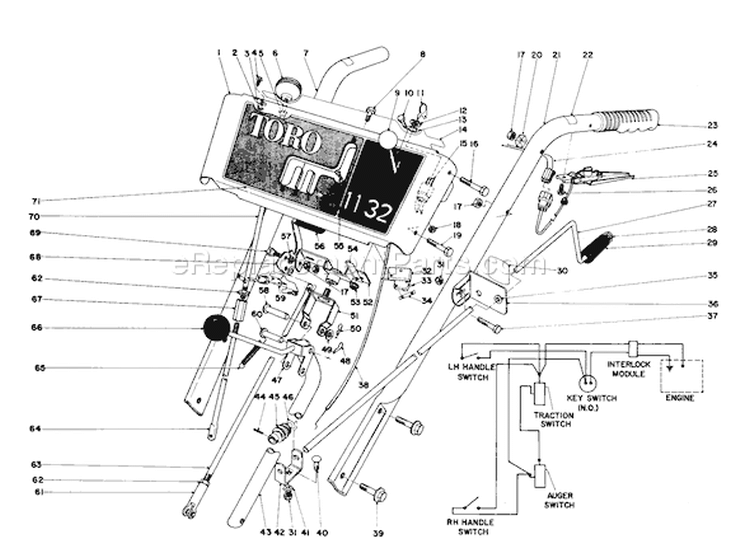 Handle Assembly Diagram and Parts List for 38090 2000001-2999999 - 1982 Toro Snow Blower