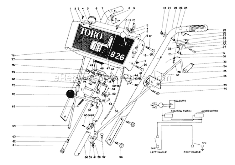 Handle Assembly Diagram and Parts List for 38155 0000001-0999999 - 1980 Toro Snow Blower