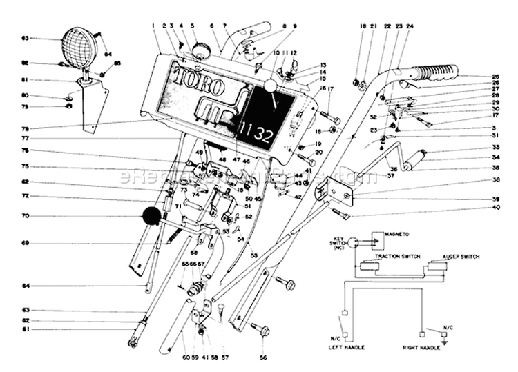 Handle Assembly Diagram and Parts List for 38160 0000001-0999999 - 1980 Toro Snow Blower