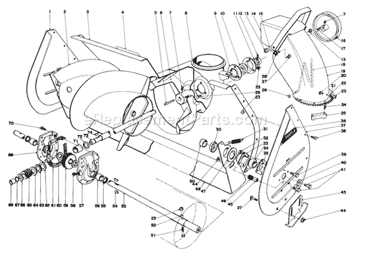 Auger Assembly Diagram and Parts List for 38160 1000001-1999999 - 1981 Toro Snow Blower
