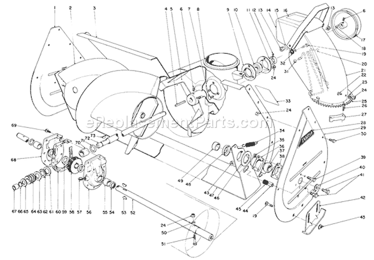 Auger Assembly Diagram and Parts List for 38160 6000001-6999999 - 1986 Toro Snow Blower