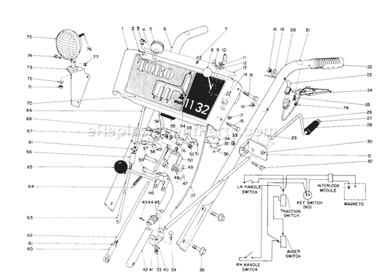 Handle Assembly Diagram and Parts List for 38160 6000001-6999999 - 1986 Toro Snow Blower