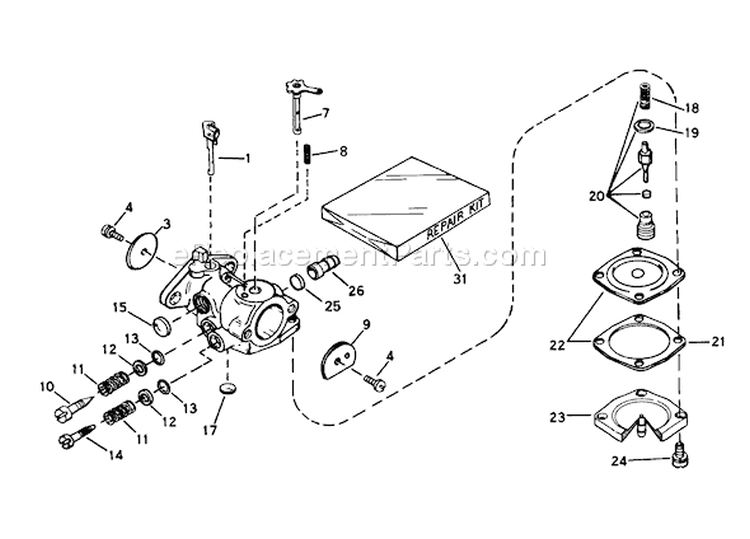 Carburetor Diagram and Parts List for 38162C 4000001-4999999 - 1984 Toro Snow Blower