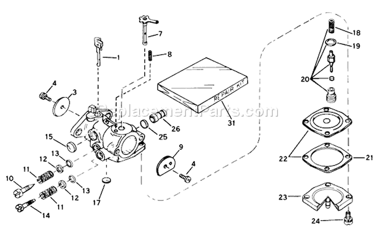 Carburetor Diagram and Parts List for 38162 0000001-0999999 - 1990 Toro Snow Blower
