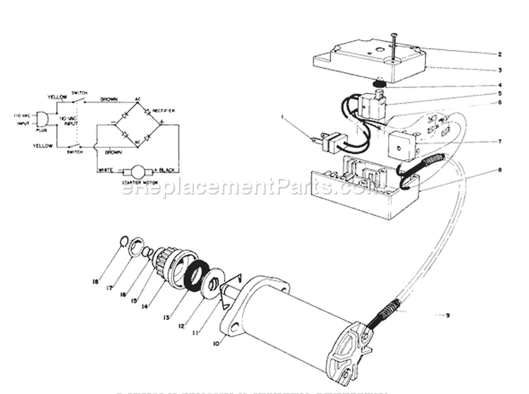 Starter Motor & Switch Assembly Diagram and Parts List for 38162 5000001-5999999 - 1985 Toro Snow Blower