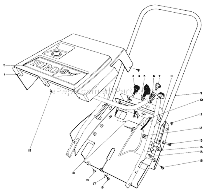 Shroud & Handle Assembly Diagram and Parts List for 38165 1000001-1999999 - 1991 Toro Snow Blower