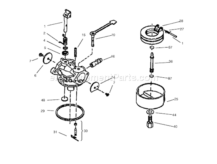Carburetor Diagram and Parts List for 38175 8900001-8999999 - 1998 Toro Snow Blower