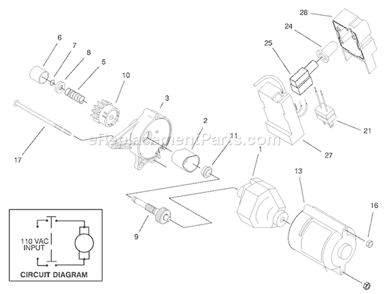 Starter Motor Assembly & Switch Housing Diagram and Parts List for 38176 7900001-7999999 - 1997 Toro Snow Blower