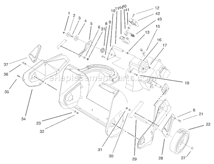 Engine, Side Plate & Wheel Assembly Diagram and Parts List for 38172 210000001-210999999 - 2001 Toro Snow Blower