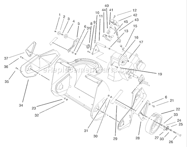 Engine, Side Plate and Wheel Assembly Diagram and Parts List for 38183 210000001-210999999 - 2001 Toro Snow Blower
