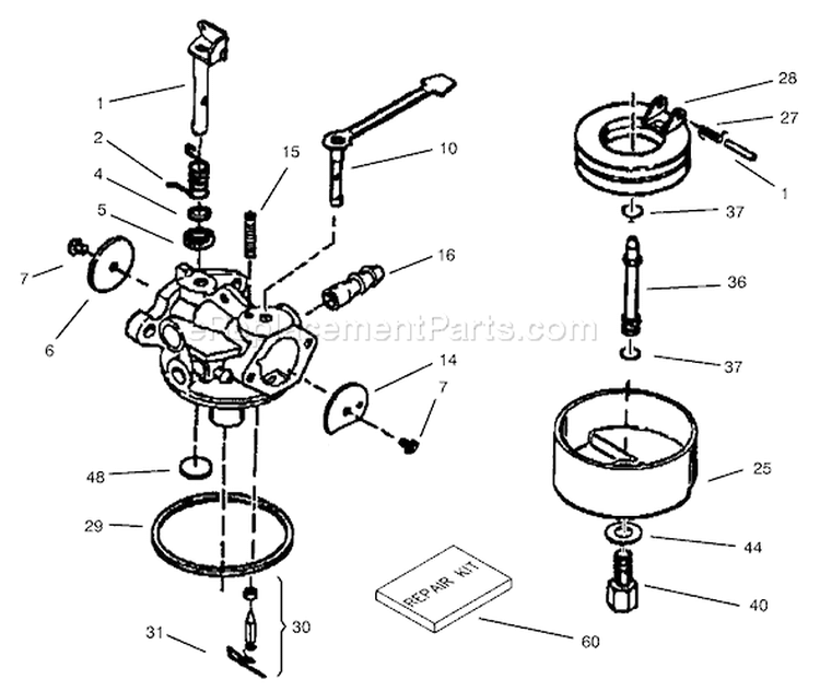 Carburetor Assembly Diagram and Parts List for 38183 230000001-230999999 - 2003 Toro Snow Blower