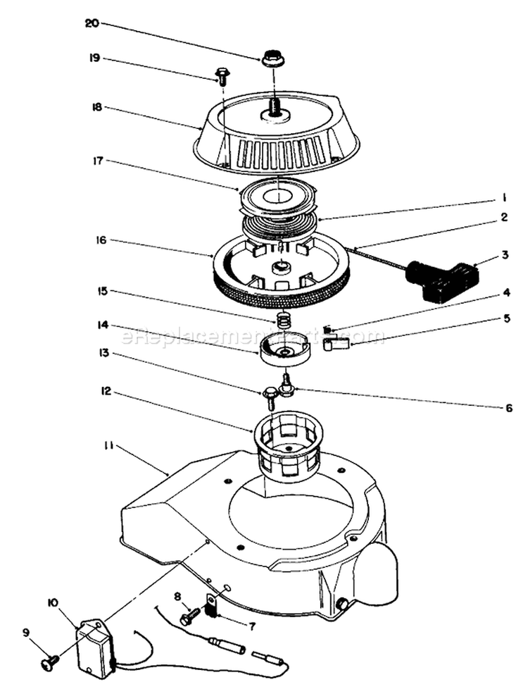 Recoil Starter Assembly Diagram and Parts List for 38185 7000001-7999999 - 1987 Toro Snow Blower