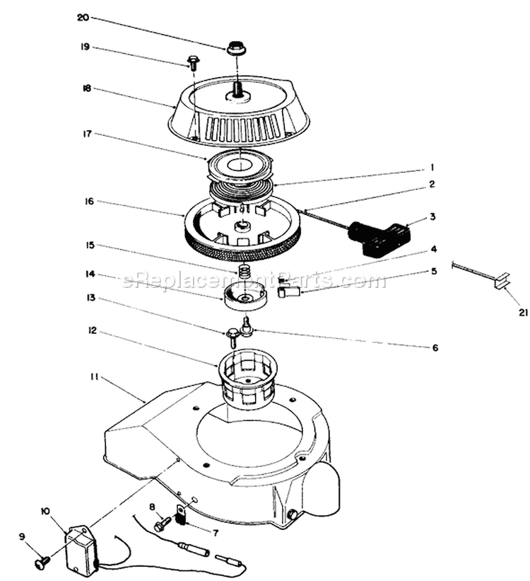 Recoil Starter Assembly Diagram and Parts List for 38186 0000001-0999999 - 1990 Toro Snow Blower