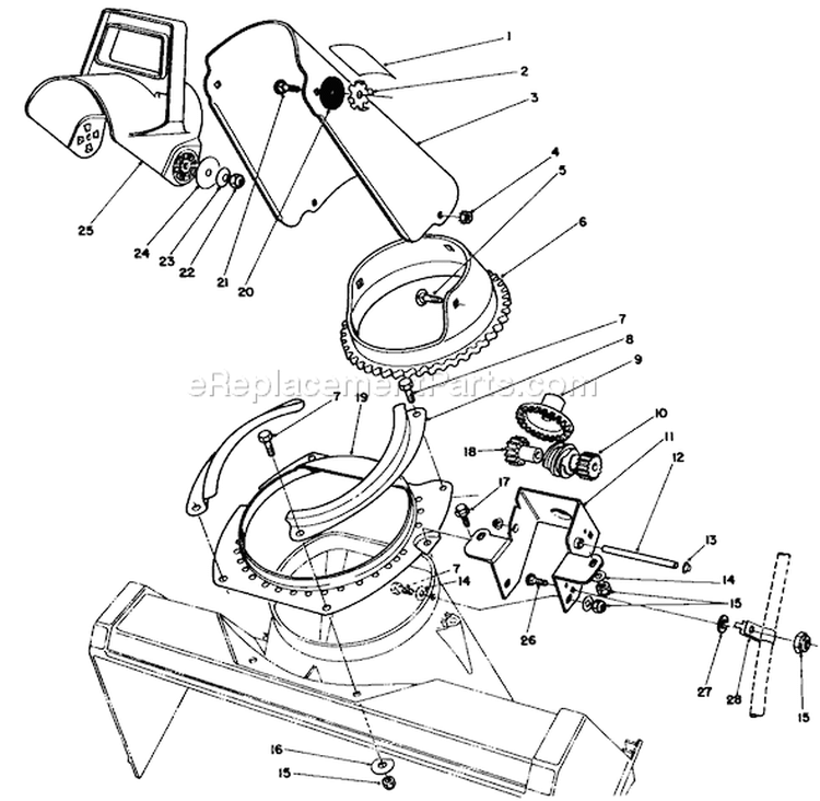 Discharge Chute Assembly Diagram and Parts List for 38186 0000001-0999999 - 1990 Toro Snow Blower
