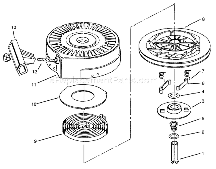 Recoil Starter Diagram and Parts List for 38195 69000001-69999999 - 1996 Toro Snow Blower