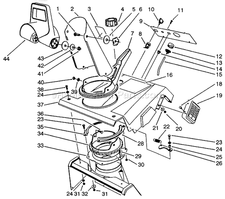 Upper Shroud Assembly Diagram and Parts List for 38195 39000001-39999999 - 1993 Toro Snow Blower