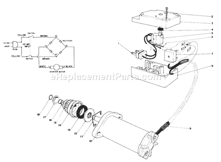 Starter Motor & Switch Diagram and Parts List for 38242 2000001-2999999 - 1982 Toro Snow Blower