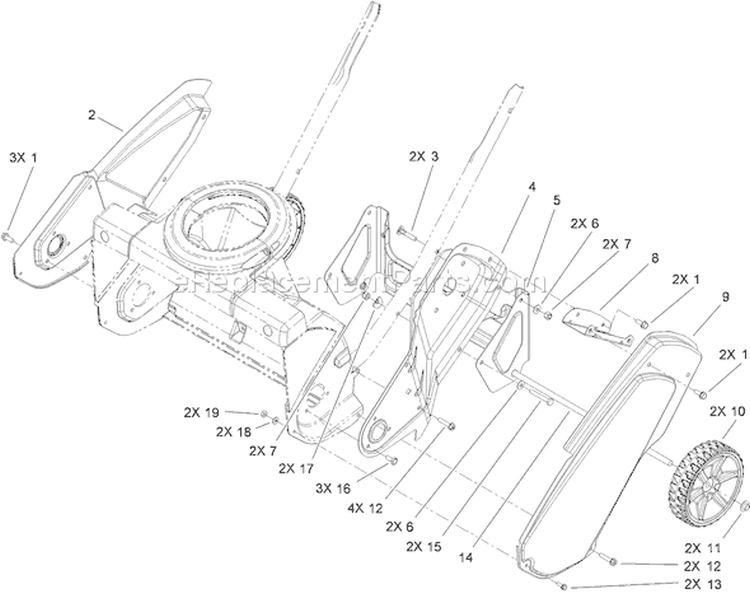 Main Frame and Wheel Assembly Diagram and Parts List for 38282 310006957-310021428 - 2010 Toro Snow Blower
