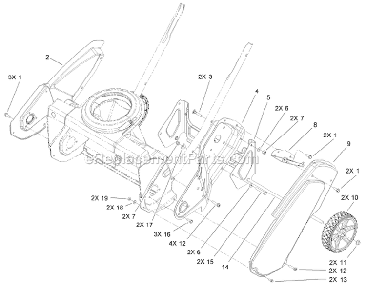 Main Frame and Wheel Diagram and Parts List for 38282 313000001-313999999 - 2013 Toro Snow Blower
