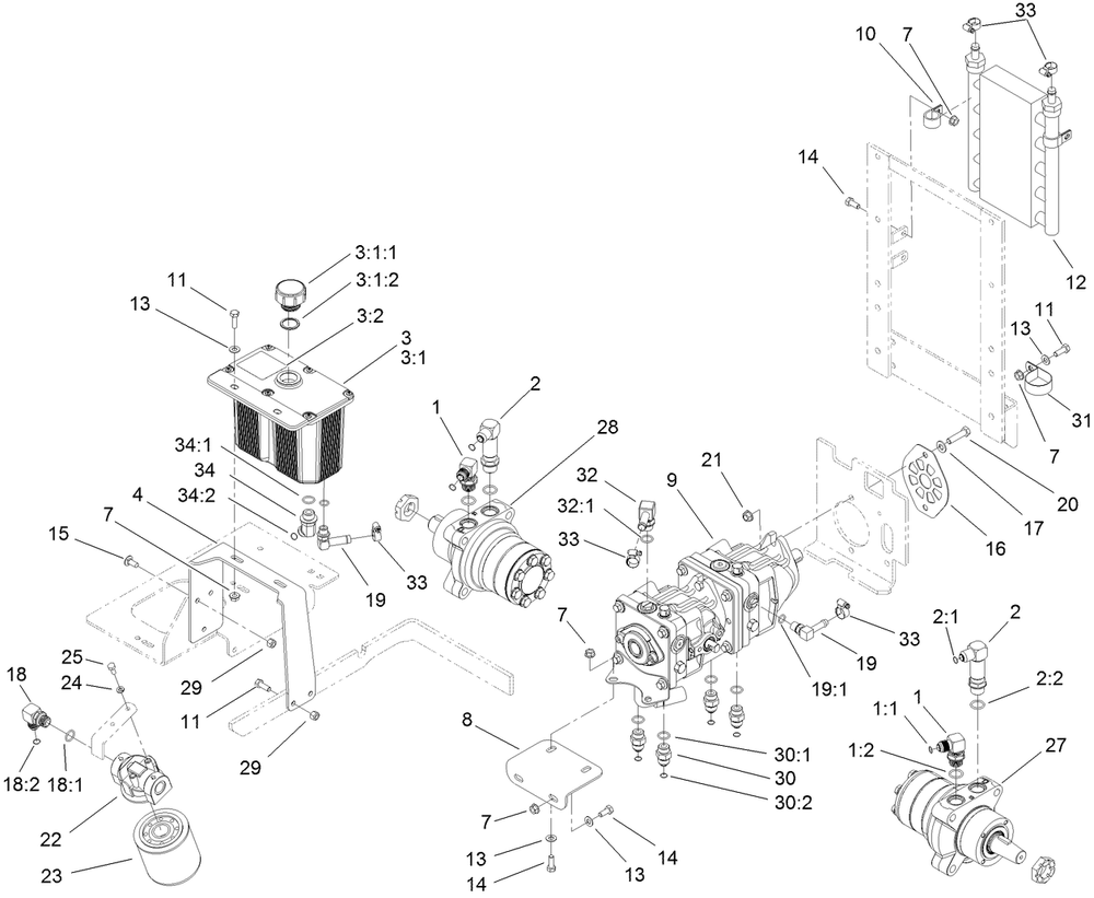 Hydraulic Tank, Pump And Motor Assembly Diagram and Parts List for 72264TE 406427909-406429999 Toro Lawn Mower