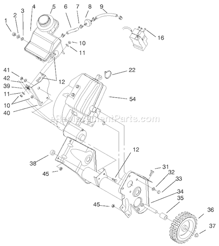 Engine and Fuel Tank Assembly Diagram and Parts List for 38427 8900001-8999999 - 1998 Toro Snow Blower