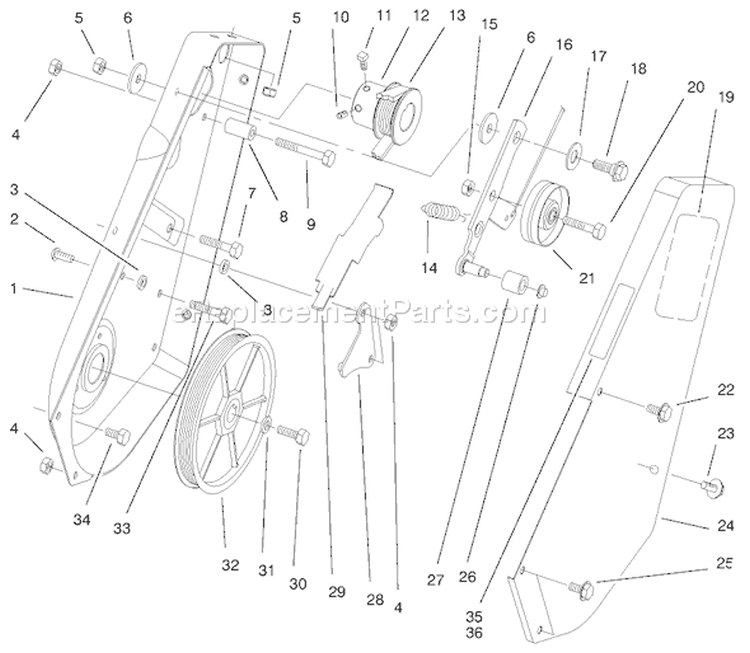 Pulley & Side Plate Assembly Diagram and Parts List for 38436 8900001-8999999 - 1998 Toro Snow Blower