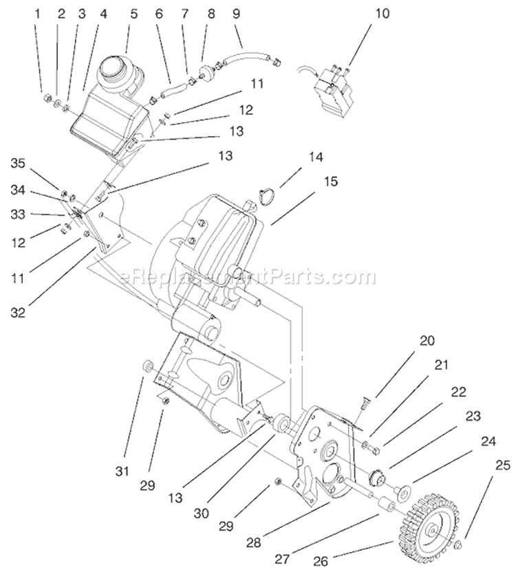 Engine and Gas Tank Assembly Diagram and Parts List for 38432 9900001-9999999 - 1999 Toro Snow Blower