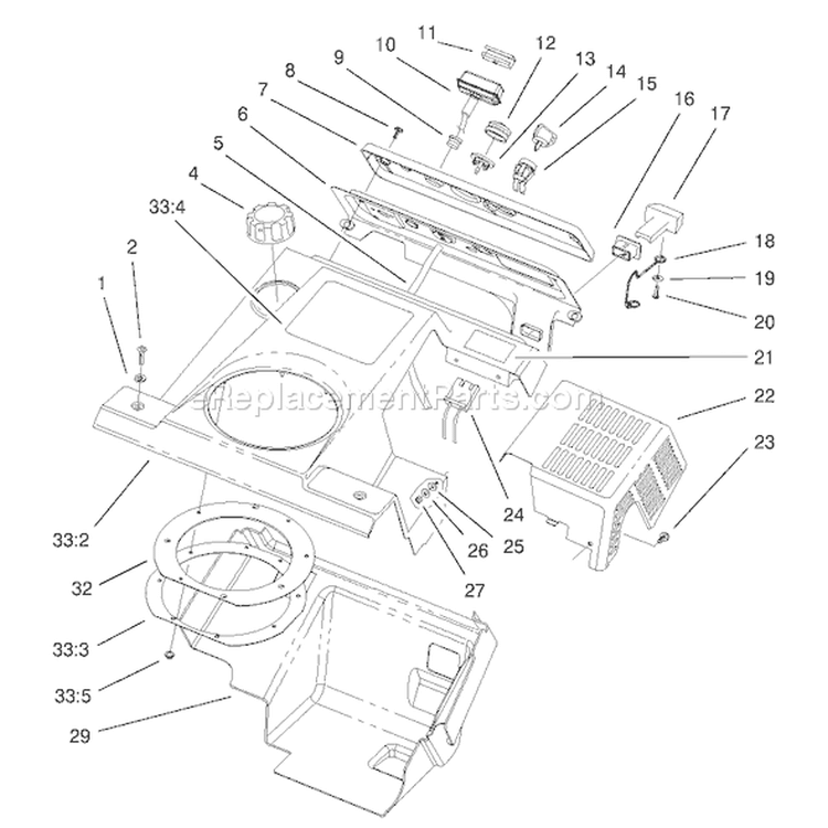 Upper Shroud and Control Panel Assembly Diagram and Parts List for 38442 210000001-210999999 - 2001 Toro Snow Blower