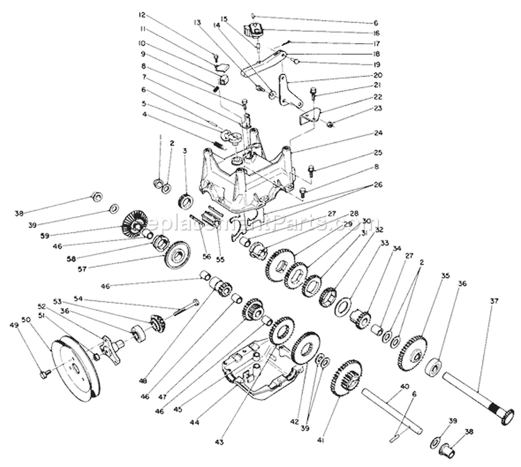 Transmission Assembly Diagram and Parts List for 38505 0000001-0999999 - 1990 Toro Snow Blower