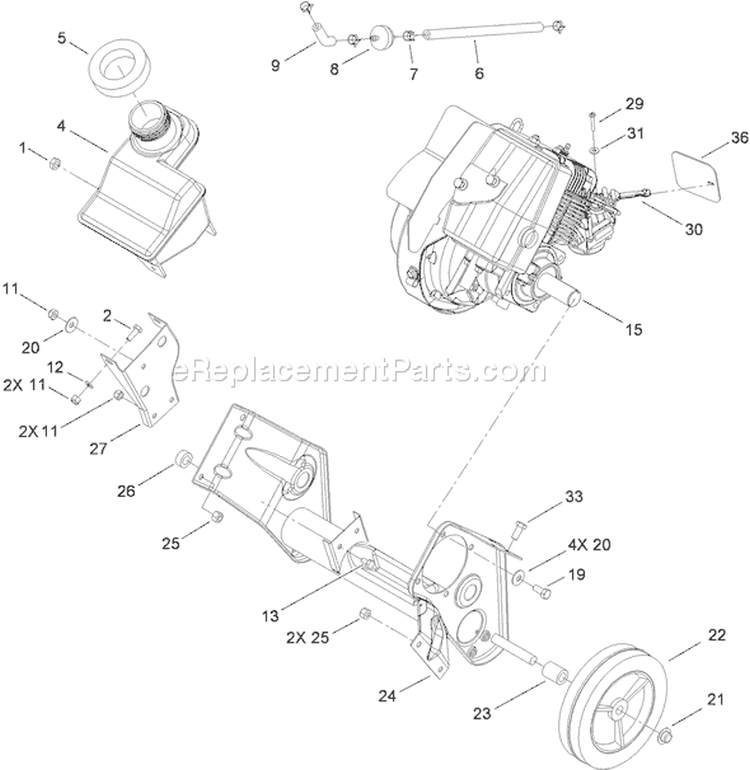 Engine, Fuel Tank and Frame Assembly Diagram and Parts List for 38515 311000001-311999999 - 2011 Toro Snow Blower