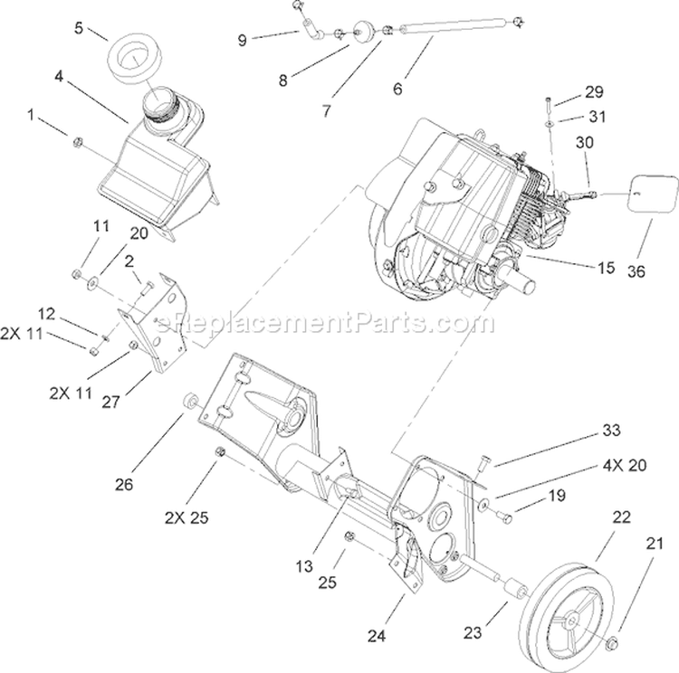 Engine, Gas Tank and Frame Assembly Diagram and Parts List for 38515 280000001-280999999 - 2008 Toro Snow Blower
