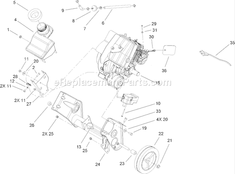 Engine, Gas Tank and Frame Assembly Diagram and Parts List for 38518 270000001-270010000 - 2007 Toro Snow Blower