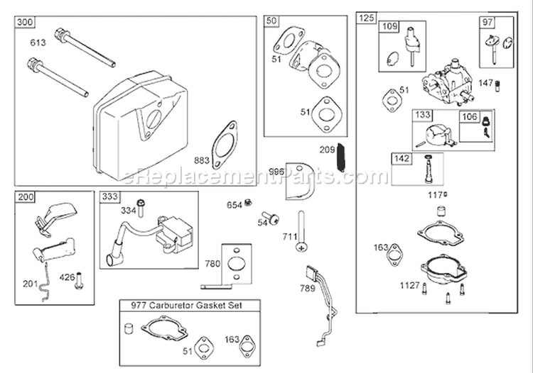 Muffler, Carburetor, and Intake Manifold Diagram and Parts List for 38429 200000001-200999999 - 2000 Toro Snow Blower