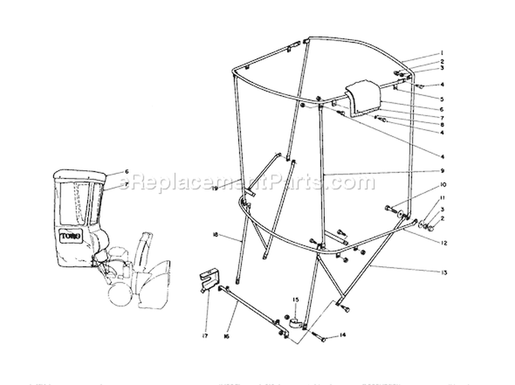 Snow Cab Assembly Diagram and Parts List for 38543 0000001-0999999 - 1990 Toro Snow Blower