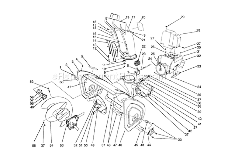 Housing and Chute Assembly Diagram and Parts List for 38543 0000001-0999999 - 1990 Toro Snow Blower