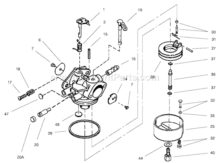 Carburetor Diagram and Parts List for 38543 220000001-220999999 - 2002 Toro Snow Blower
