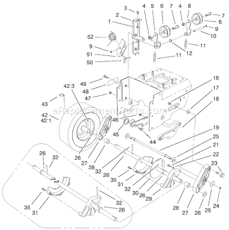 Lower Traction Assembly Diagram and Parts List for 38543 220000001-220999999 - 2002 Toro Snow Blower