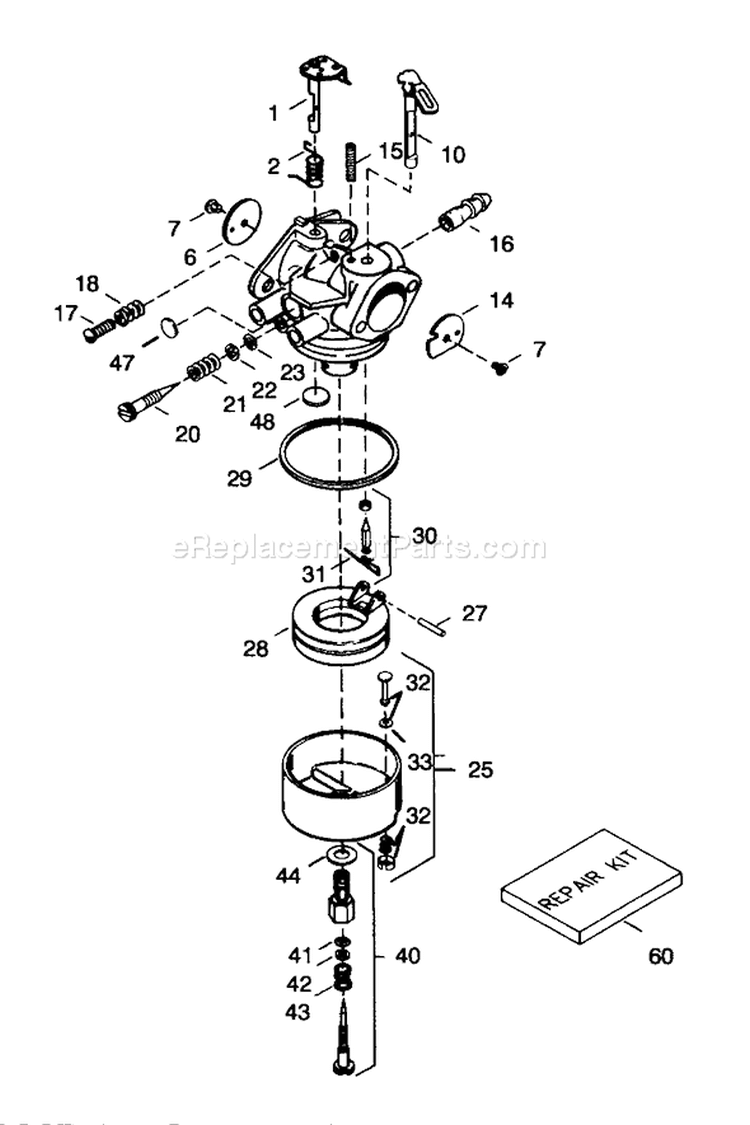 Carburetor Diagram and Parts List for 38540 4900001-4999999 - 1994 Toro Snow Blower